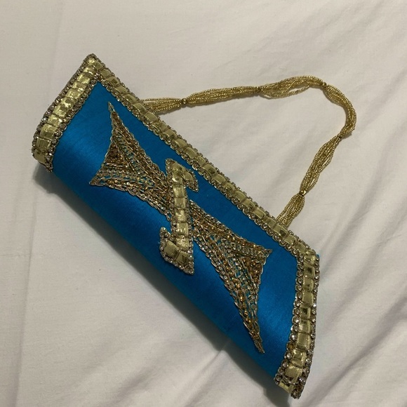 Blue & Gold South Asian Inspired Clutch- Raw Silk - Picture 1 of 12